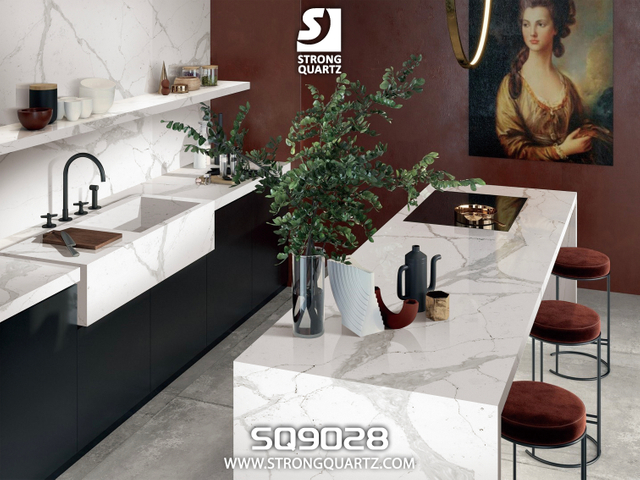 Zero Silica Engineered Quartz Stone Calacatta White for Kitchen Countertop/Coffee Counter/Dining Table/Wall Cladding/Floor Tiles