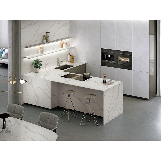 Calacatta Quartz Countertop For Bathroom With Oak Cabinets